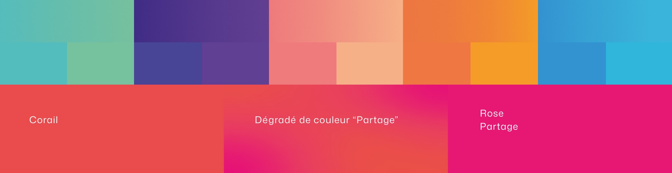 Palette de couleur - Identité visuelle Partage : Corail / Dégradé de couleur "Partage" et Rose Partage