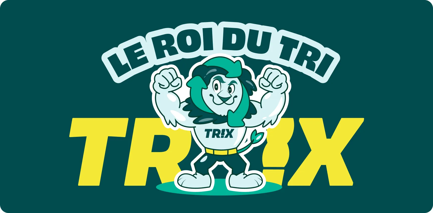 Mascotte Trix d'Ecogreen les bras levés criant victoire / Avec écrit Trix le roi du tri
