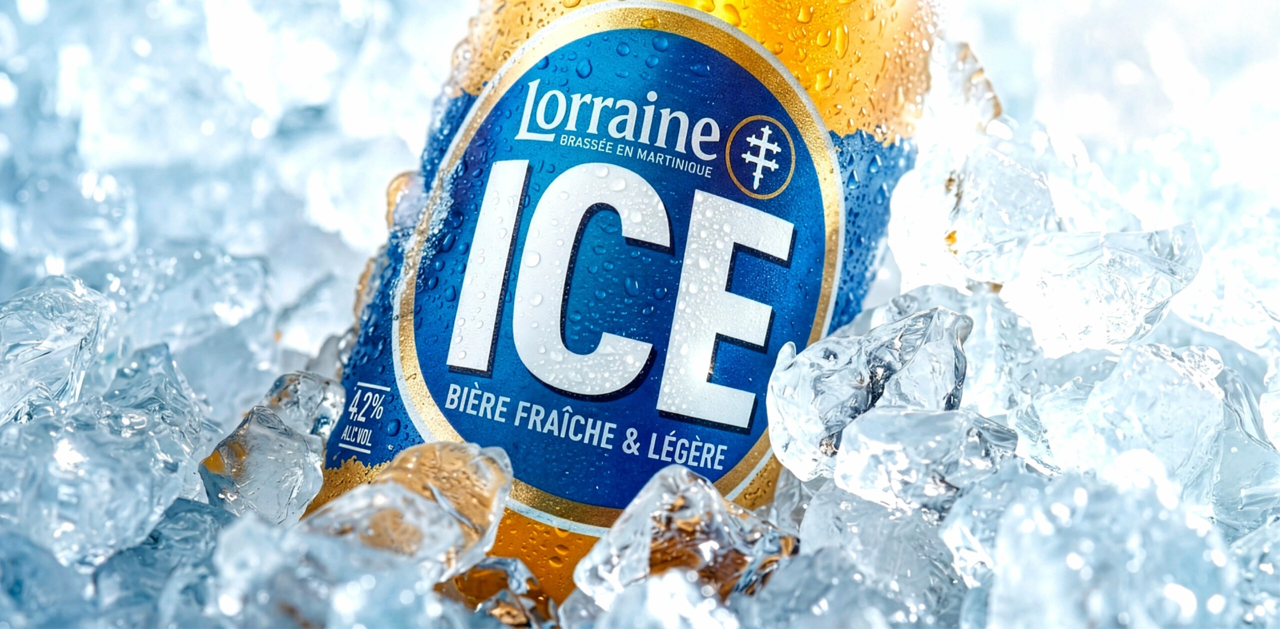 Bouteille de bière Lorraine Ice entourée de glace
