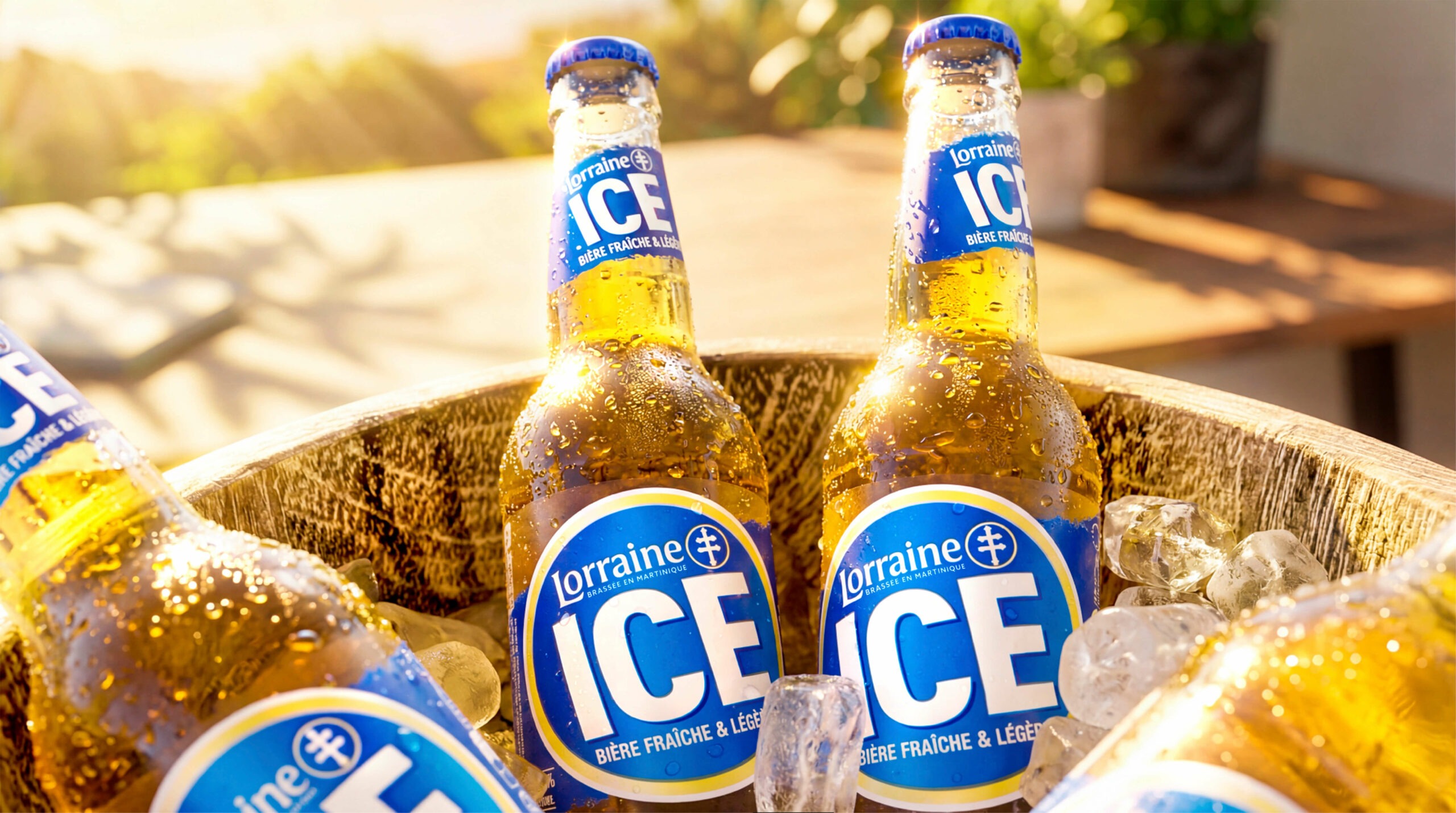 Bières Lorraine Ice dans un seau de glace, décor extérieur ensoleillé