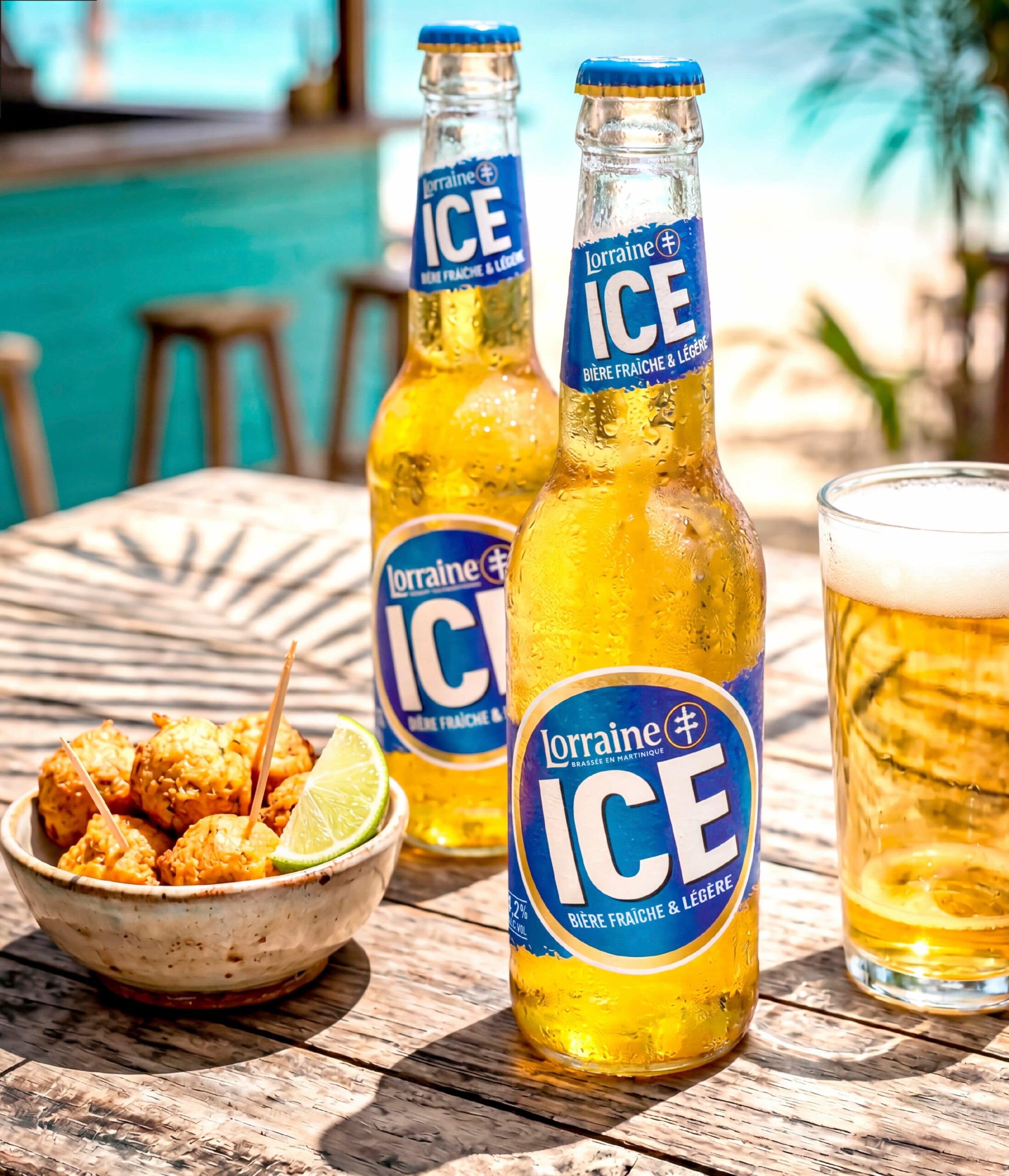 Deux bières Lorraine Ice posées sur une table de bar sur la plage, décor paradisiaque ensoleillé