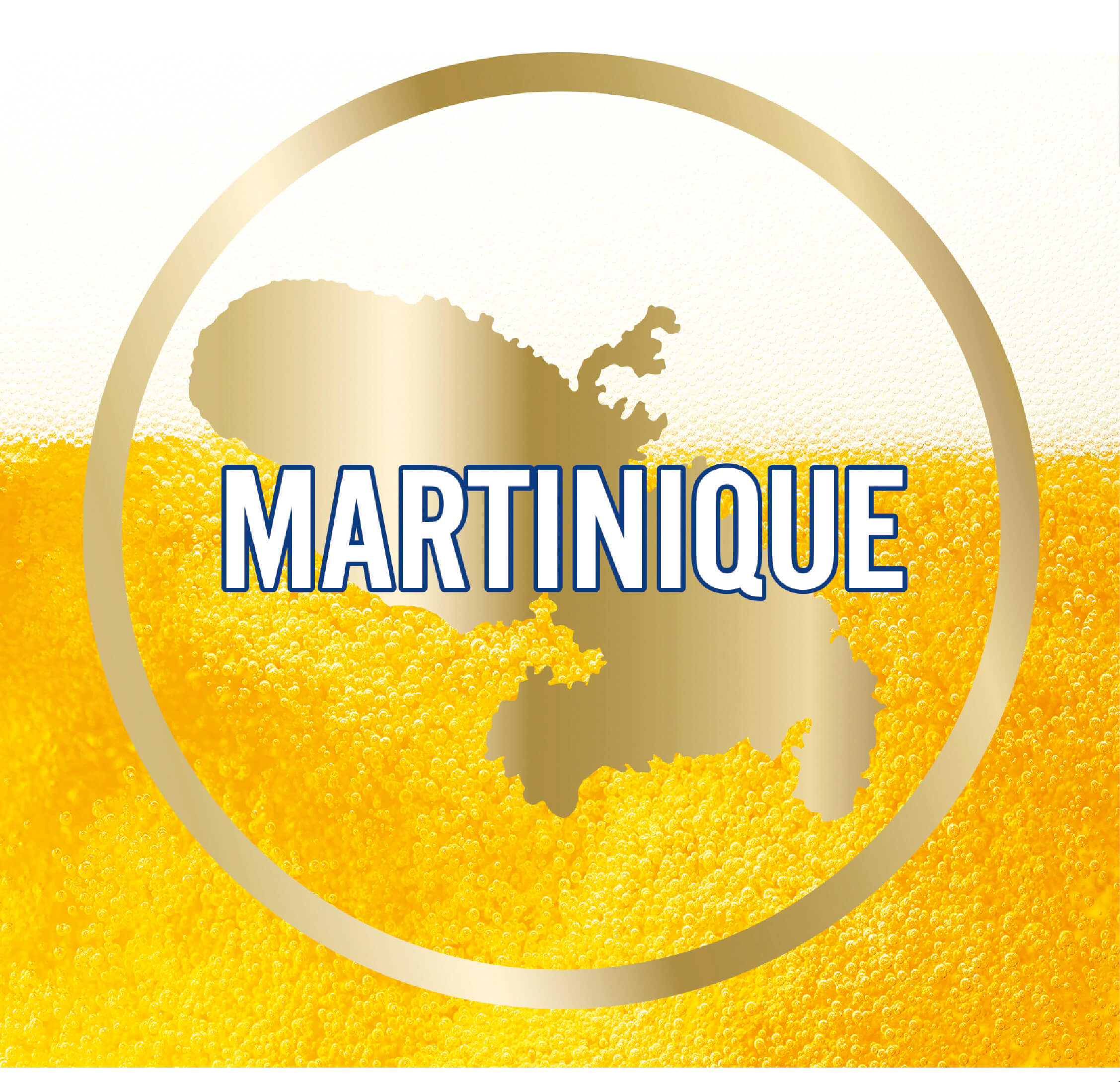 Logo de la Martinique avec sa carte, arrière plan d'une vue rapprochée d'une bière blonde Lorraine Ice