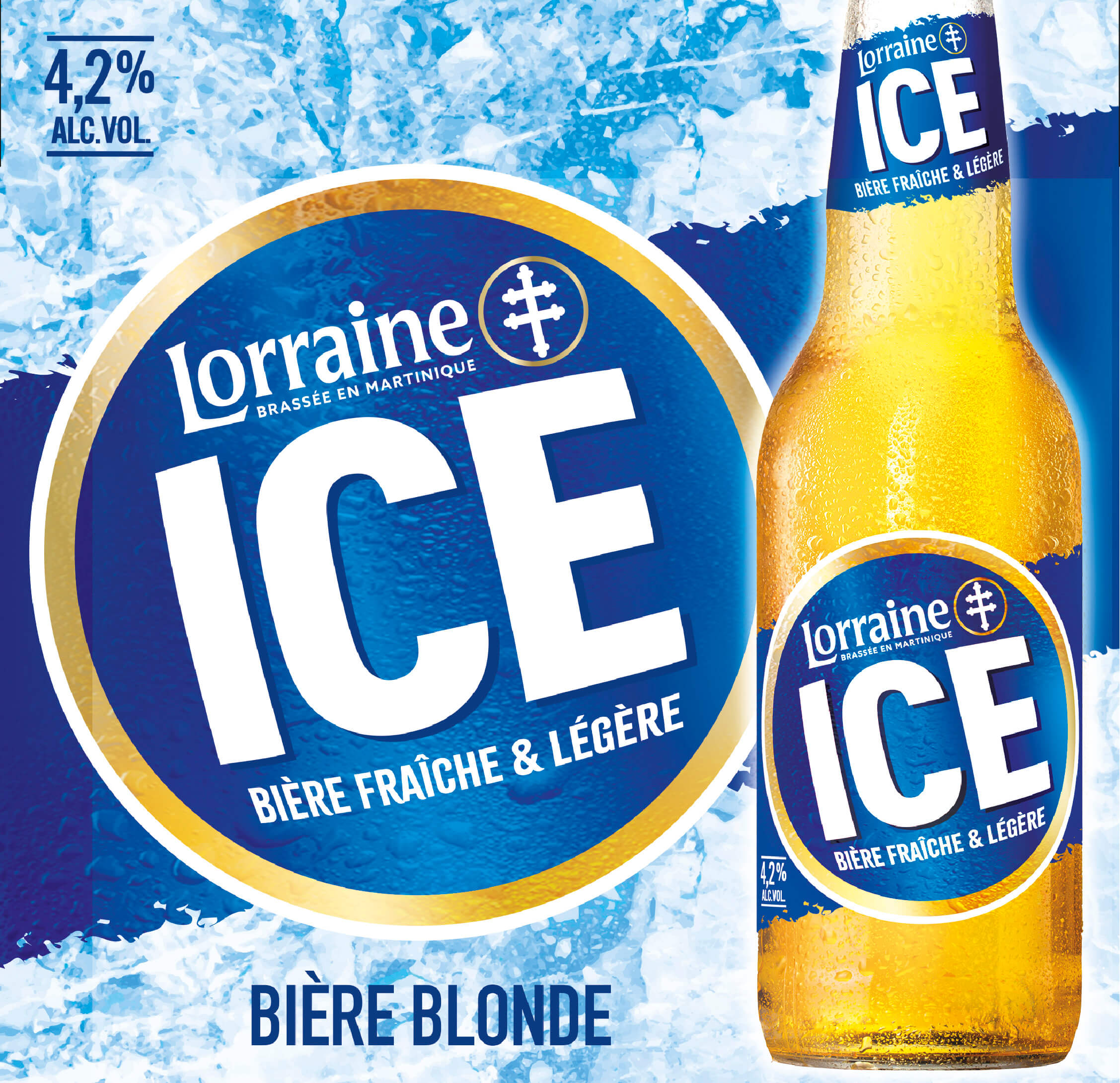 Bière Lorraine Ice sur fond de glace avec le logo zoomé